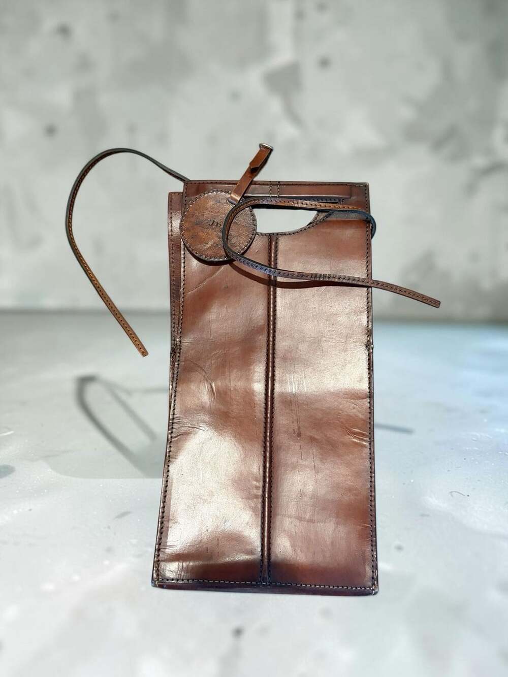 Vintage Handcrafted Brown Leather Double Wine Bottle Tote Bag Carrier Case